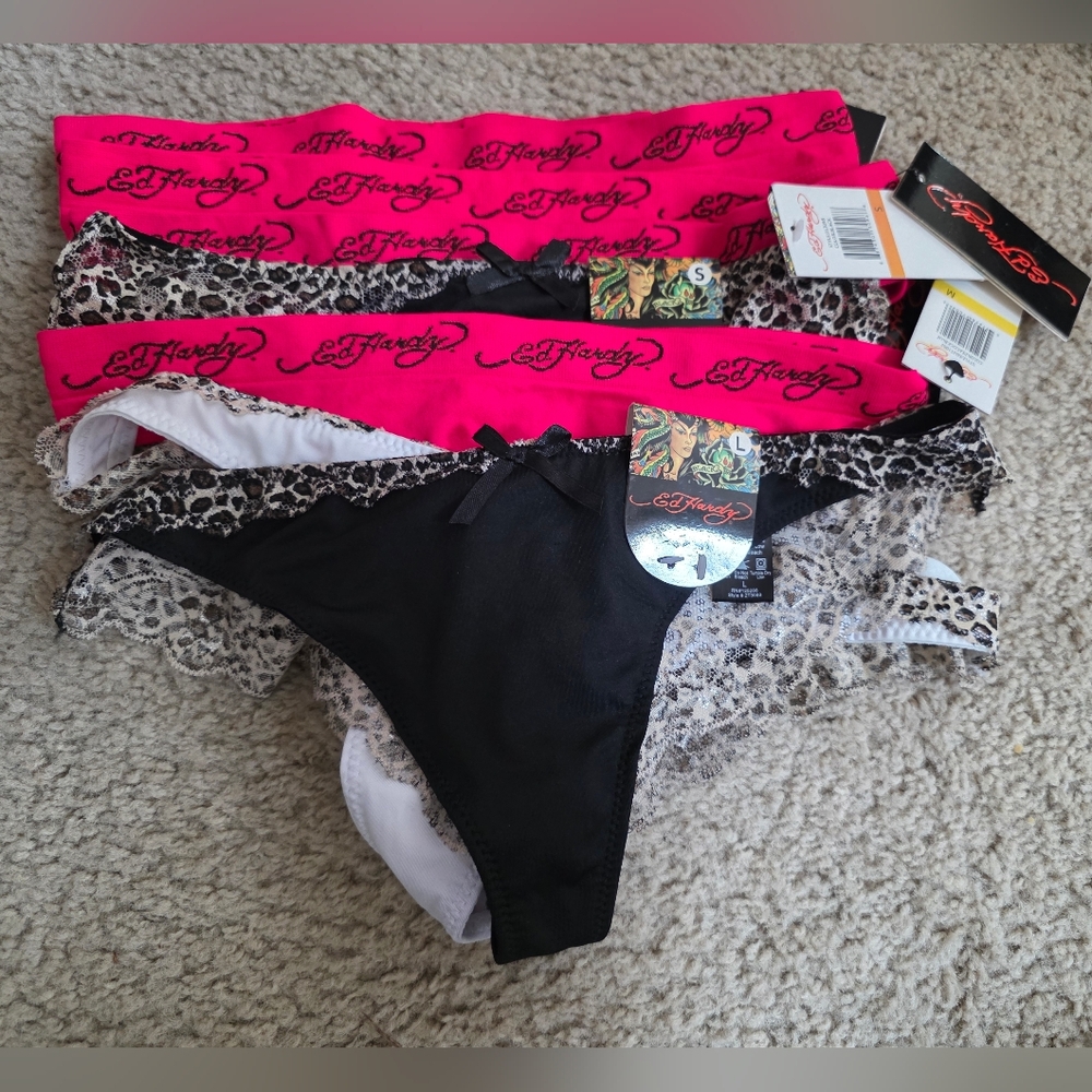Ed Hardy Thong Pantties Bottoms Vibrant Pink, Classic Black, Leopard Print Lot 8